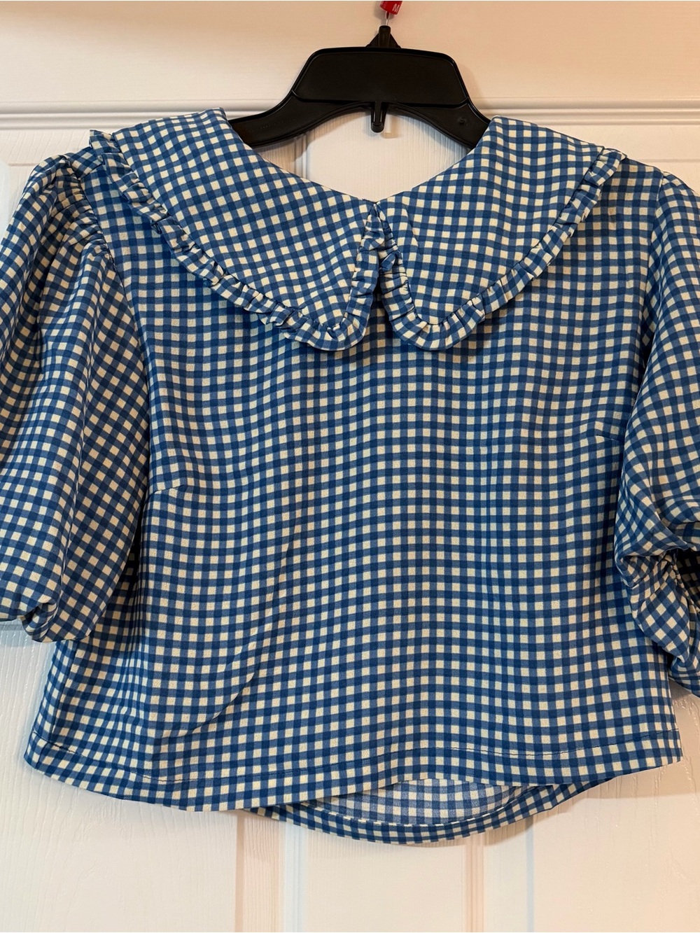 Monteau Los Angelas Adorable Blue and White Gingham Puff Sleeve Blouse